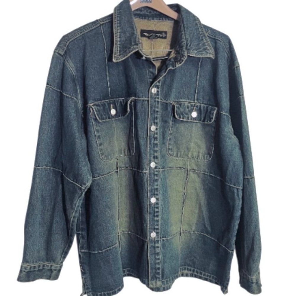 Vintage Vibes GL Patchwork Heavy Cotton Blue Jean Shirt Jacket Side Slits XXL